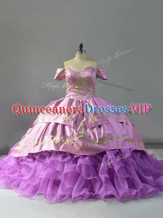 Popular Off The Shoulder Sleeveless Chapel Train Lace Up Quinceanera Gowns Lavender Organza
