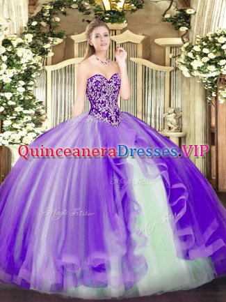 Trendy Sleeveless Floor Length Beading and Ruffles Lace Up 15th Birthday Dress with Lavender