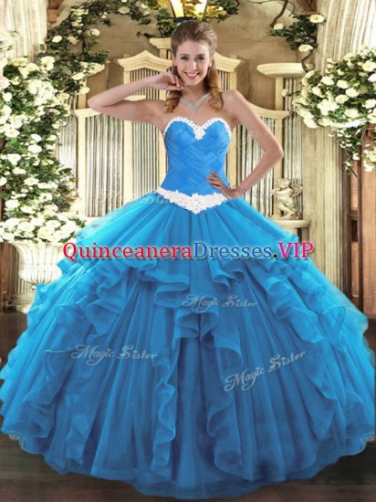 Sleeveless Floor Length Appliques and Ruffles Lace Up Sweet 16 Quinceanera Dress with Baby Blue - Click Image to Close