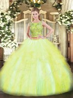 Pretty Sleeveless Floor Length Beading and Ruffles Lace Up Ball Gown Prom Dress with Yellow Green
