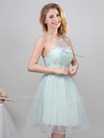 Best Selling Halter Top Sleeveless Mini Length Lace and Appliques and Belt Lace Up Dama Dress with Apple Green