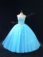 Perfect Baby Blue Ball Gowns Beading Quinceanera Gowns Lace Up Tulle Sleeveless Floor Length
