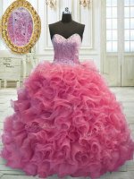 Rose Pink Sleeveless Mini Length Beading and Ruffles Lace Up Quince Ball Gowns