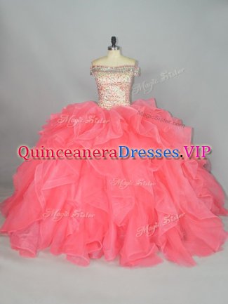 Artistic Off The Shoulder Sleeveless Ball Gown Prom Dress Floor Length Beading and Ruffles Watermelon Red Organza