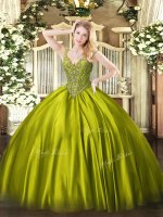 Fantastic Olive Green Ball Gowns Satin V-neck Sleeveless Beading Floor Length Lace Up Quinceanera Dress(SKU SJQDDT1424002-2BIZ)