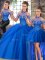 Three Pieces Sleeveless Blue Quinceanera Gowns Brush Train Lace Up