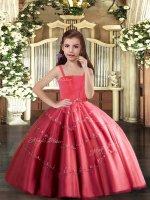 Floor Length Lace Up Pageant Gowns For Girls Coral Red for Party and Sweet 16 and Wedding Party with Beading