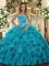 Floor Length Teal Vestidos de Quinceanera Strapless Sleeveless Lace Up