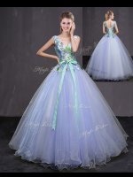 Lavender Lace Up Vestidos de Quinceanera Appliques and Belt Sleeveless Floor Length