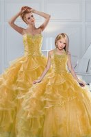 Fine Gold Sweetheart Neckline Beading and Ruffled Layers 15 Quinceanera Dress Sleeveless Lace Up