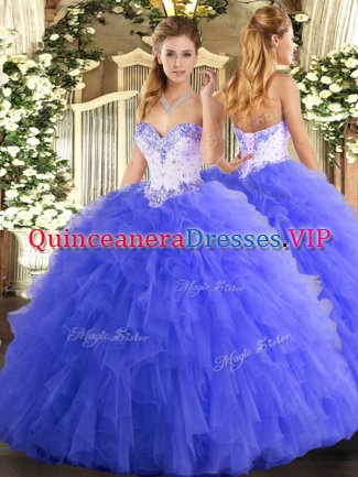 Sweetheart Sleeveless Lace Up Quinceanera Gowns Blue Tulle