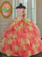 Dazzling Sleeveless Organza Floor Length Lace Up Quinceanera Gown in Multi-color with Beading and Ruffles and Sashes ribbons