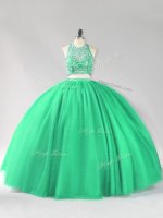 Tulle Halter Top Sleeveless Backless Beading 15th Birthday Dress in Turquoise