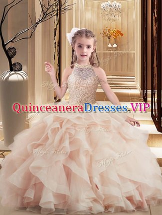 Pink Ball Gowns High-neck Sleeveless Tulle Floor Length Brush Train Lace Up Beading Girls Pageant Dresses