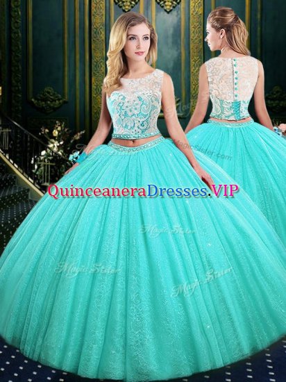Latest Scoop Sleeveless Tulle and Sequined Floor Length Lace Up Quinceanera Dresses in Blue with Lace and Sequins - Click Image to Close