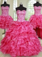 Four Piece Hot Pink Sweetheart Lace Up Beading and Ruffles Quinceanera Dresses Sleeveless