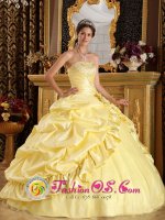 Paarl South Africa Latest Light Yellow Taffeta Beaded Decorate Yet Pick-ups Ball Gown Quinceanera Dress
