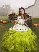 Embroidery and Ruffles Little Girl Pageant Gowns Olive Green Lace Up Sleeveless Floor Length
