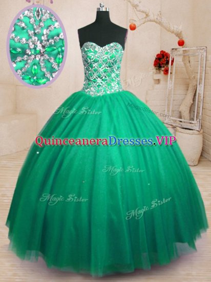Fancy Dark Green Tulle Lace Up Sweet 16 Dress Sleeveless Floor Length Beading - Click Image to Close