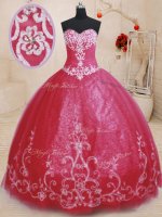 Hot Sale Sleeveless Tulle Floor Length Lace Up Sweet 16 Quinceanera Dress in Red with Beading and Embroidery