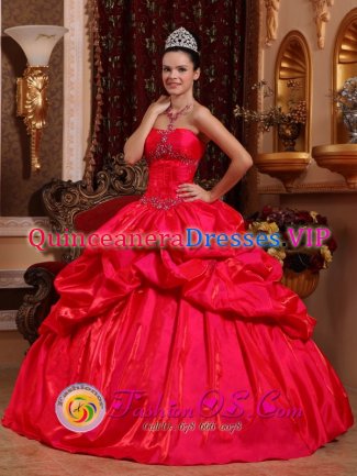Leadville CO Stylish Red Appliques Decorate Bust Quinceanera Dress With Taffeta Beading And Ruffles