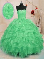 Clearance Green Organza Lace Up Quince Ball Gowns Sleeveless Floor Length Beading and Ruffles and Hand Made Flower