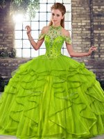 Adorable Olive Green Quinceanera Dress Military Ball and Sweet 16 and Quinceanera with Beading and Ruffles Halter Top Sleeveless Lace Up