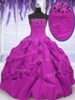 Strapless Sleeveless Sweet 16 Quinceanera Dress Floor Length Embroidery and Pick Ups Fuchsia Taffeta(SKU PSSW097-6BIZ)