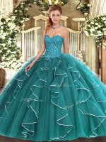 Teal Sweetheart Lace Up Beading and Ruffles Quinceanera Dresses Sleeveless