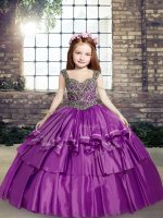 Stylish Straps Sleeveless Pageant Dress for Womens Floor Length Beading Purple Taffeta