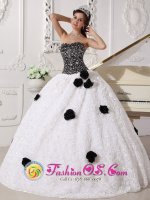 Sequins and Hand Made Flowers Decorate Bodice Remarkable White and Black Quinceanera Dress Strapless Special Fabric Gorgeous Ball Gown in Lexington Carolina/NC