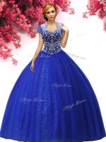 Royal Blue Ball Gowns Beading 15 Quinceanera Dress Lace Up Tulle Sleeveless Floor Length