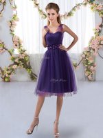 High End Sleeveless Knee Length Appliques Zipper Quinceanera Dama Dress with Purple