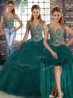 Peacock Green Tulle Lace Up Sweet 16 Dress Sleeveless Floor Length Beading and Ruffles