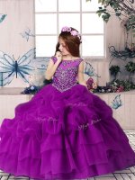 Beading and Pick Ups Pageant Dress for Girls Purple Zipper Sleeveless Floor Length