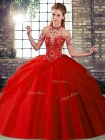 Sleeveless Tulle Brush Train Lace Up Quinceanera Dress in Red with Beading and Pick Ups