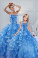 Baby Blue Organza Lace Up Sweetheart Sleeveless Floor Length 15 Quinceanera Dress Beading and Ruffled Layers