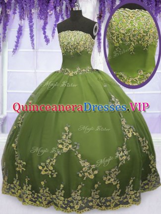 Olive Green Ball Gowns Strapless Sleeveless Tulle Floor Length Zipper Appliques Quinceanera Gowns