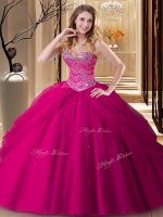 Wonderful Ball Gowns Quinceanera Gown Fuchsia Sweetheart Tulle Sleeveless Floor Length Lace Up(SKU SJQDDT903002-3BIZ)
