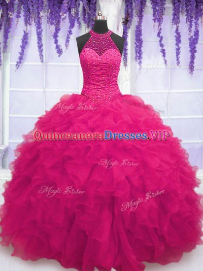 Fashionable Hot Pink Ball Gowns High-neck Sleeveless Organza Floor Length Lace Up Beading and Ruffles Vestidos de Quinceanera - Click Image to Close