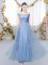 Spectacular Blue Empire Lace Quinceanera Dama Dress Lace Up Tulle Sleeveless Floor Length