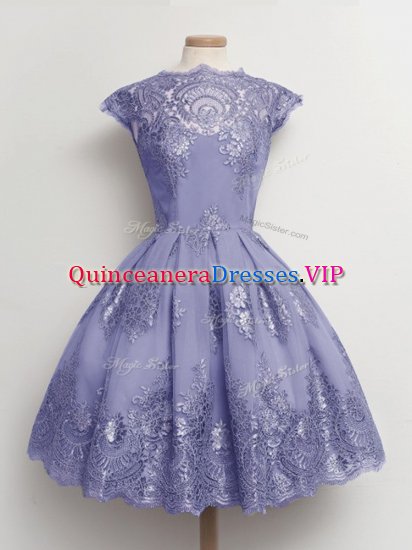 Noble Lavender A-line Lace Dama Dress for Quinceanera Lace Up Tulle Cap Sleeves Knee Length - Click Image to Close