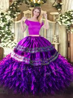 Eggplant Purple Two Pieces Organza and Taffeta Off The Shoulder Short Sleeves Embroidery and Ruffles Floor Length Zipper Ball Gown Prom Dress