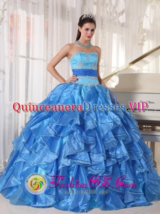 Romantic Blue Organza Quinceanera Dress With Strapless Appliques and Paillette Tiered Skirt In Howell Michigan/MI