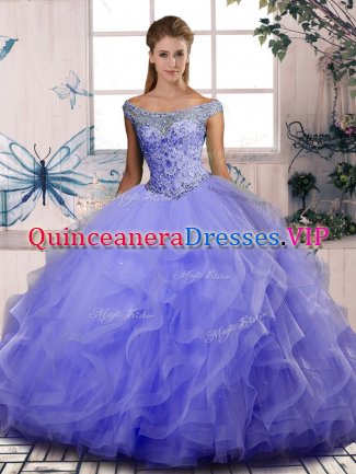 Lavender Ball Gowns Beading and Ruffles Quinceanera Gowns Lace Up Tulle Sleeveless Floor Length