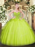 Edgy Yellow Green Tulle Lace Up Sweetheart Sleeveless Asymmetrical Quinceanera Gown Lace