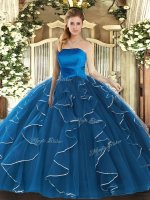Comfortable Blue Lace Up Strapless Ruffles Quinceanera Gown Tulle Sleeveless