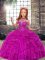 Tulle High-neck Sleeveless Lace Up Beading and Ruffles Custom Made Pageant Dress in Fuchsia