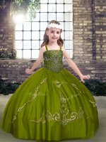 Straps Sleeveless Lace Up Child Pageant Dress Olive Green Tulle