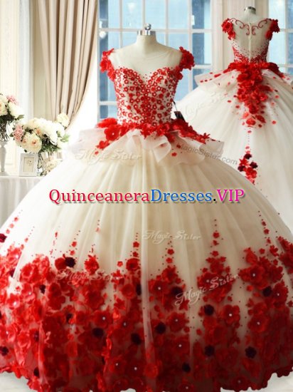Red Sweet 16 Dress Sweet 16 and Quinceanera with Hand Made Flower Scoop Sleeveless Brush Train Zipper - Click Image to Close